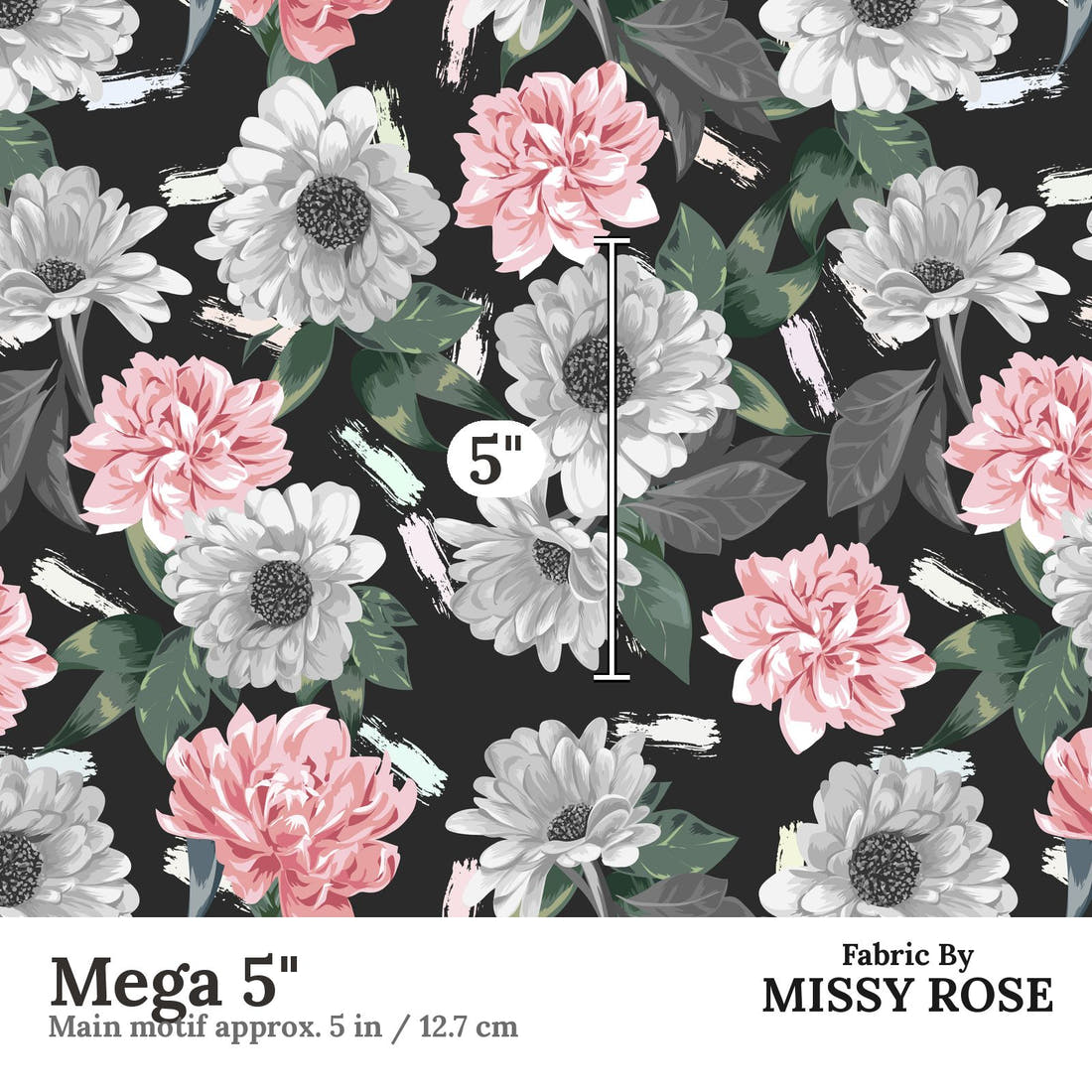 Design 654 Grey Floral Fabric Mega 5" - print scale | Fabric by Missy Rose