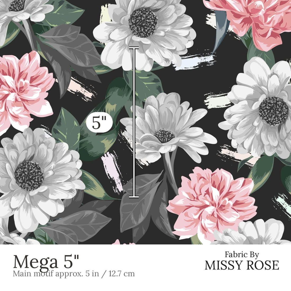 Design 654 Grey Floral Fabric Mega 5 inch print scale guide | Fabric by Missy Rose