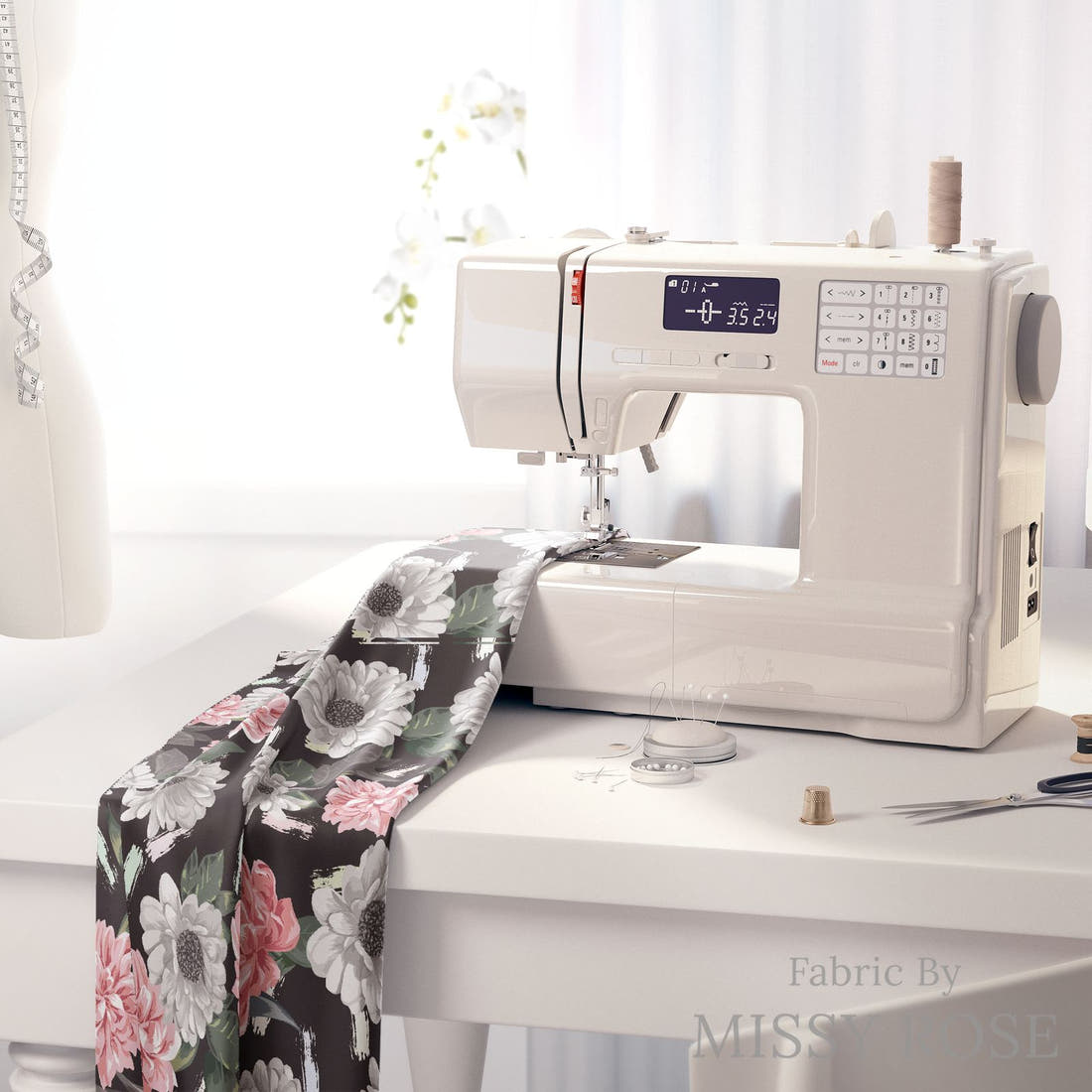 Design 654 Grey Floral Fabric on a sewing machine – premium fabric for sewing projects | Fabric by Missy Rose