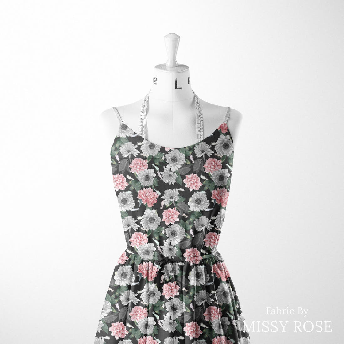 Design 654 Grey Floral Fabric sewn into a women's dress – see how the print looks made up | Fabric by Missy Rose