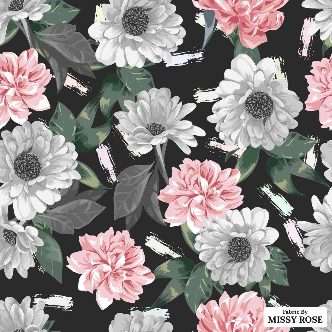 Design 654 Grey Floral Fabric - flat view of the print, zoom in for detail | Fabric by Missy Rose