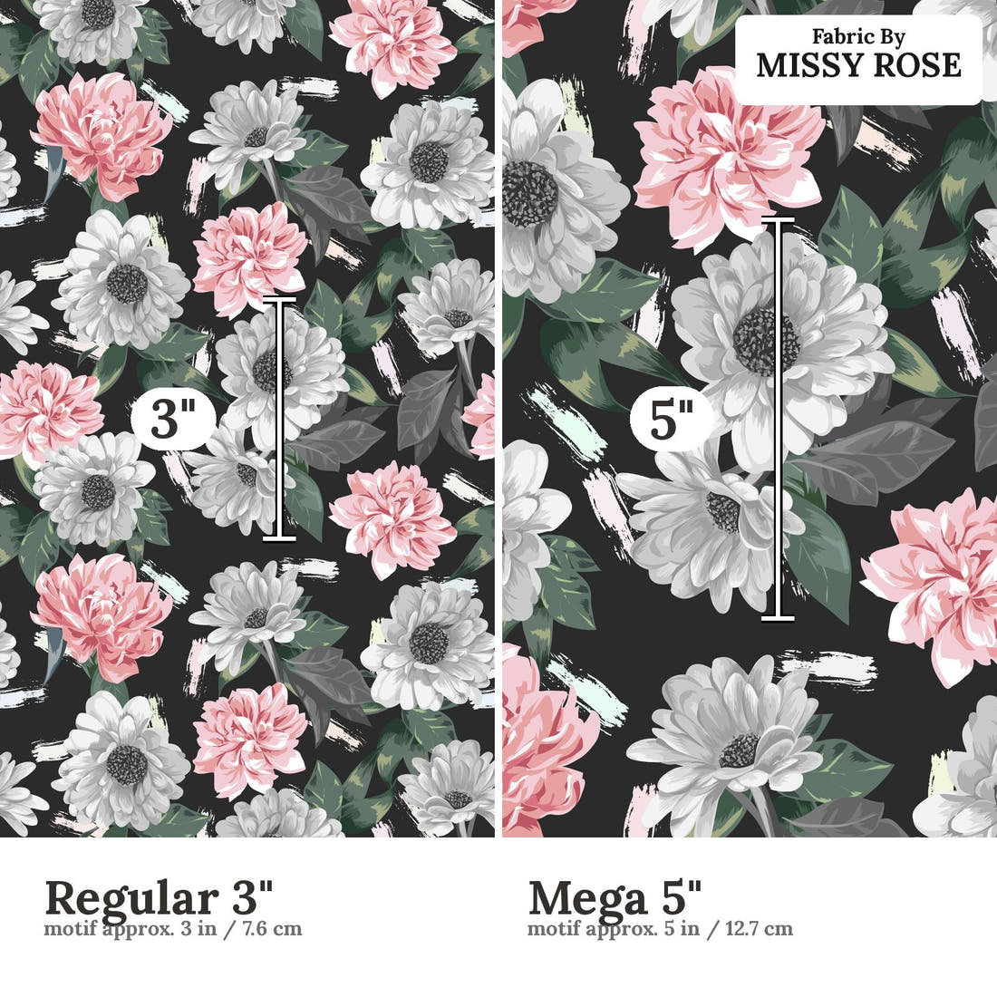 Design 654 Grey Floral Fabric size comparison - print scale | Fabric by Missy Rose