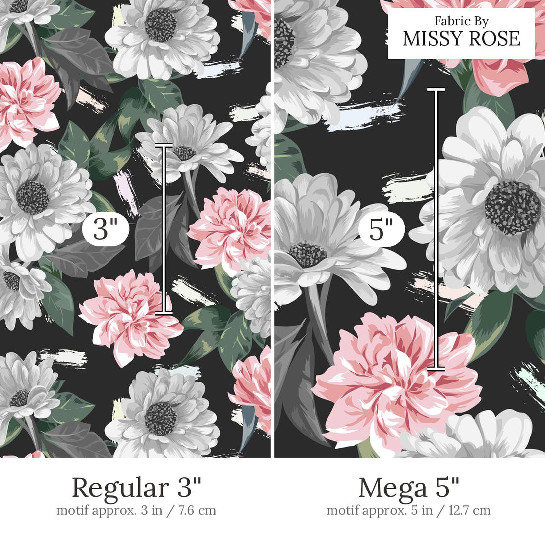 Design 654 Grey Floral Fabric Regular 3 inch vs Mega 5 inch print scale side by side | Fabric by Missy Rose