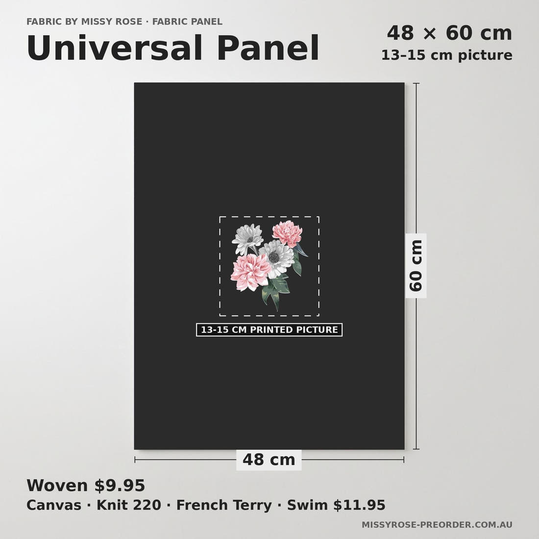 Design 654 Grey Floral Panel universal panel sizing – 13–15 cm printed picture on 48 × 60 cm fabric | Fabric by Missy Rose