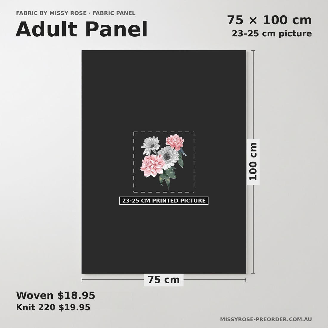 Design 654 Grey Floral Panel adult panel sizing – 23–25 cm printed picture on 75 × 100 cm fabric | Fabric by Missy Rose