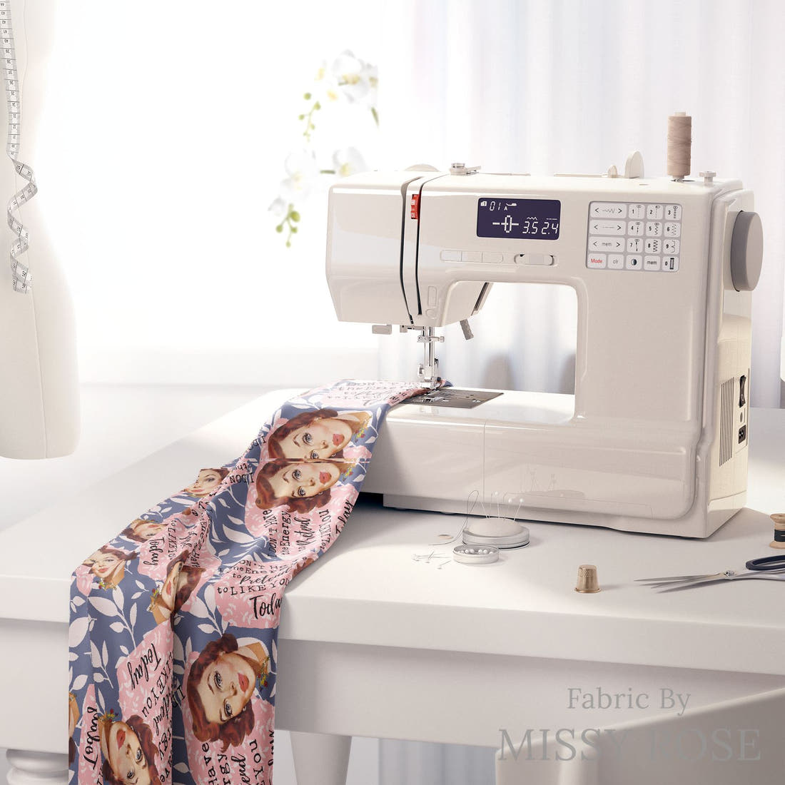 Design 655 Cheeky Retro Fabric on a sewing machine – premium fabric for sewing projects | Fabric by Missy Rose