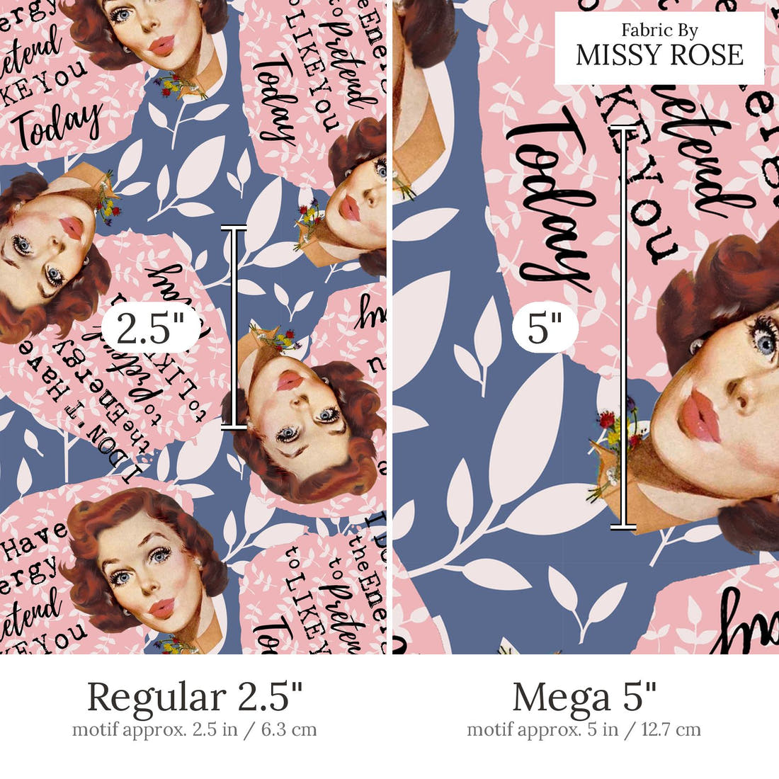 Design 655 Cheeky Retro Fabric Regular 2.5 inch vs Mega 5 inch print scale side by side | Fabric by Missy Rose