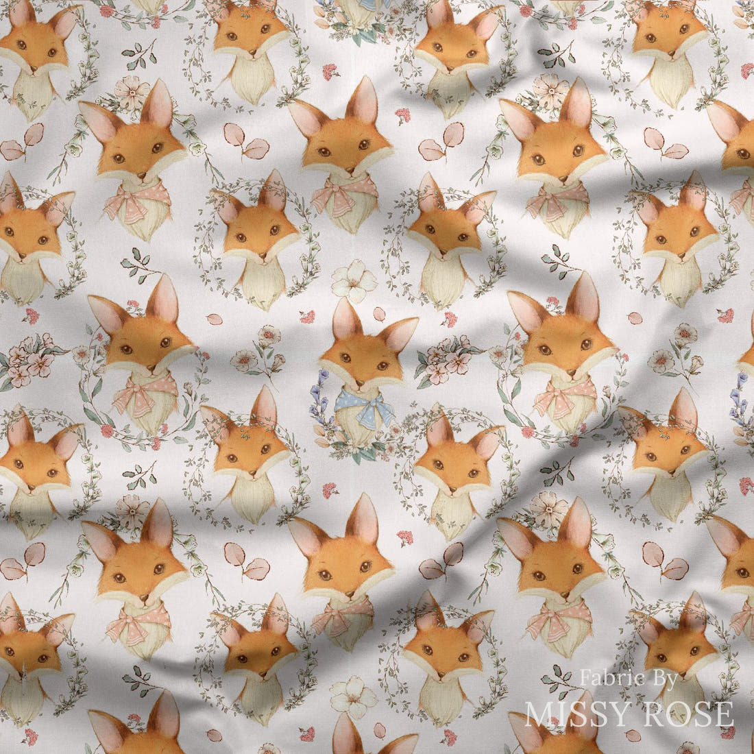 Design 656 Cute Fox Fabric draped fabric mockup – custom printed fabric by the metre | Fabric by Missy Rose