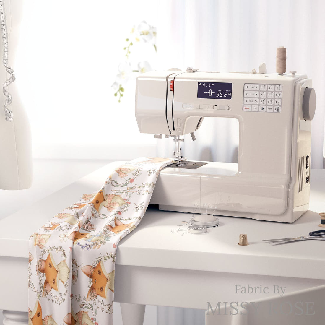 Design 656 Cute Fox Fabric on a sewing machine – premium fabric for sewing projects | Fabric by Missy Rose