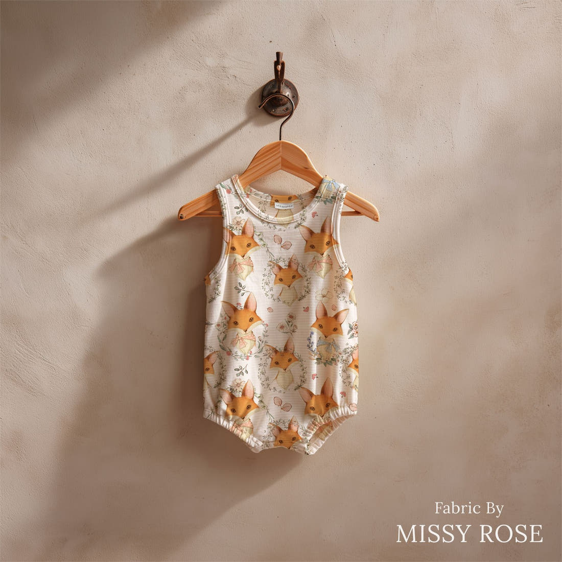 Design 656 Cute Fox Fabric sewn into a baby romper – see how the print looks made up | Fabric by Missy Rose