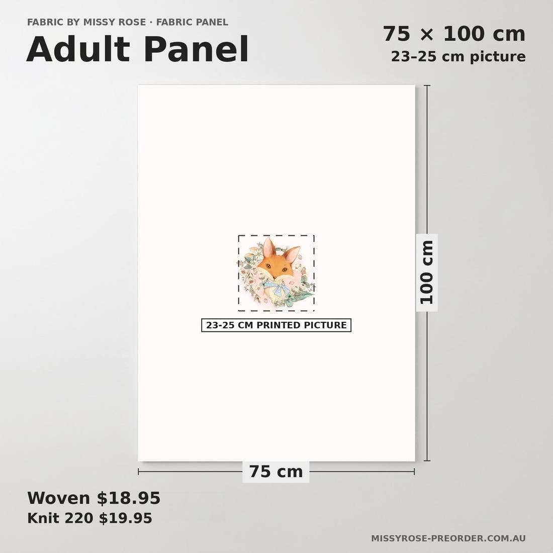 Design 656 Cute Fox Panel adult panel sizing – 23–25 cm printed picture on 75 × 100 cm fabric | Fabric by Missy Rose