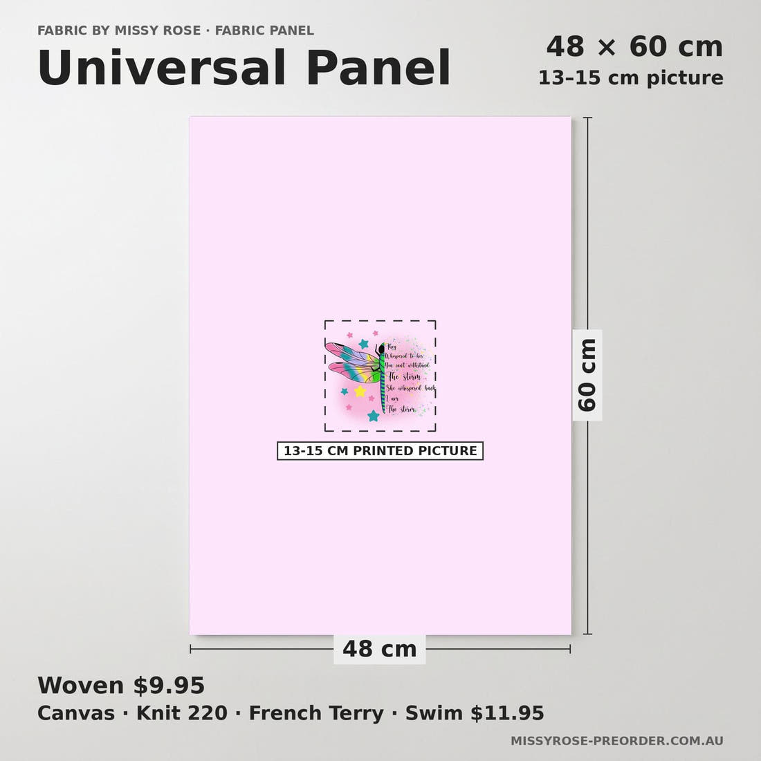 Design 657 Pink Dragonfly Panel universal panel sizing – 13–15 cm printed picture on 48 × 60 cm fabric | Fabric by Missy Rose