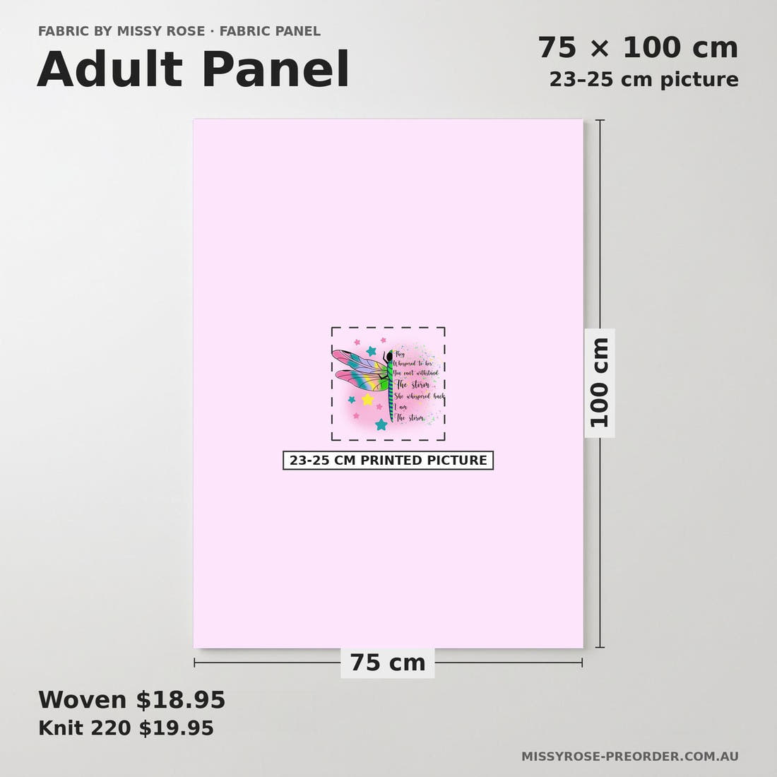 Design 657 Pink Dragonfly Panel adult panel sizing – 23–25 cm printed picture on 75 × 100 cm fabric | Fabric by Missy Rose