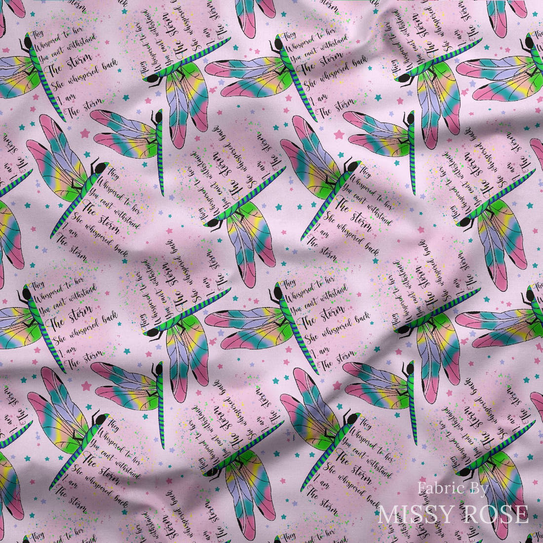 Design 657 Pink Dragonfly Fabric draped fabric mockup – custom printed fabric by the metre | Fabric by Missy Rose