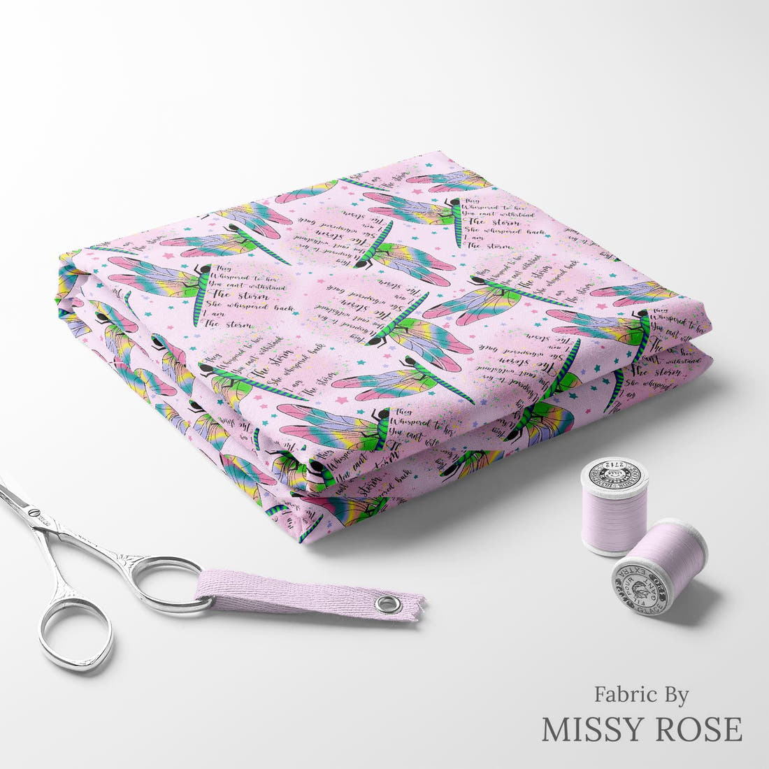 Design 657 Pink Dragonfly Fabric folded fabric stack with matching thread – pre-order fabric Australia | Fabric by Missy Rose
