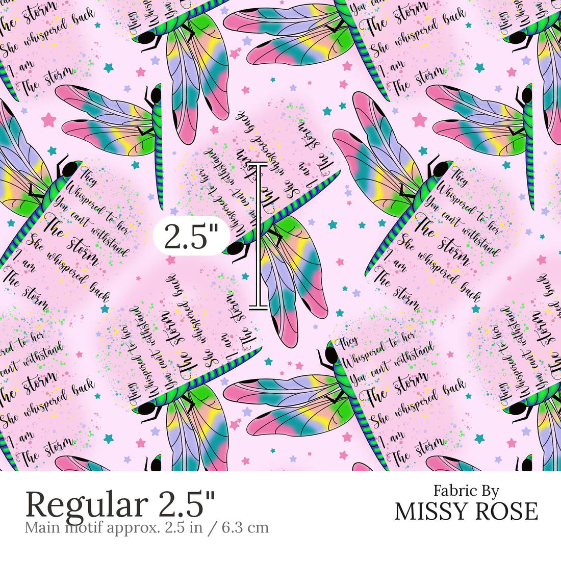 Design 657 Pink Dragonfly Fabric Regular 2.5 inch print scale guide | Fabric by Missy Rose