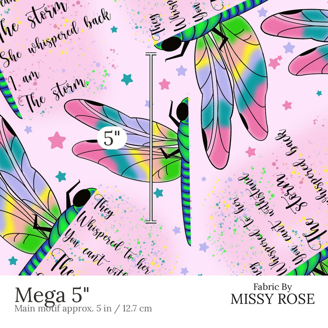 Design 657 Pink Dragonfly Fabric Mega 5 inch print scale guide | Fabric by Missy Rose