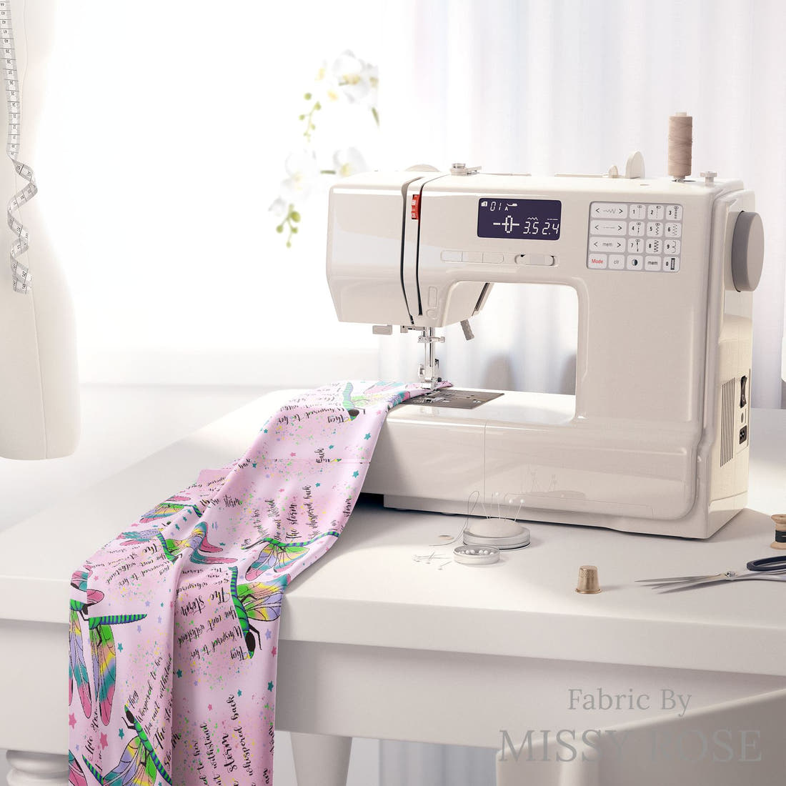 Design 657 Pink Dragonfly Fabric on a sewing machine – premium fabric for sewing projects | Fabric by Missy Rose