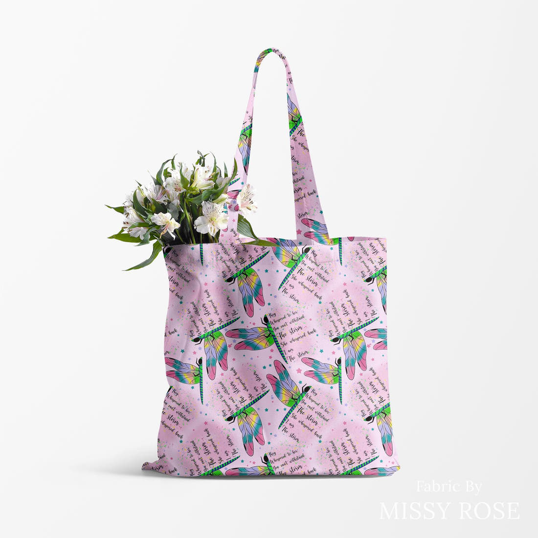 Design 657 Pink Dragonfly Fabric made up as a tote bag – see how the print looks made up | Fabric by Missy Rose