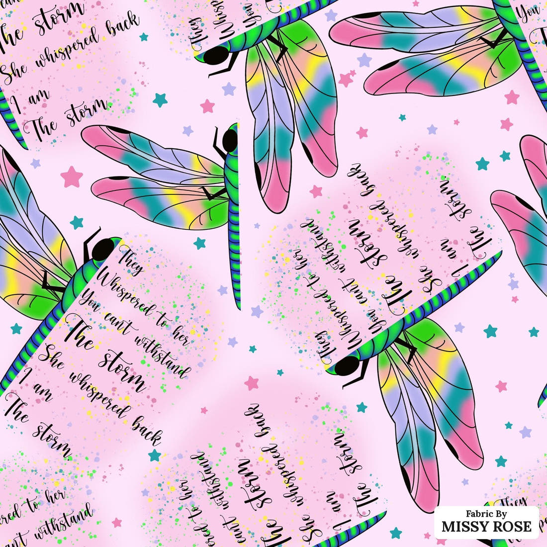 Design 657 Pink Dragonfly Fabric - flat view of the print, zoom in for detail | Fabric by Missy Rose