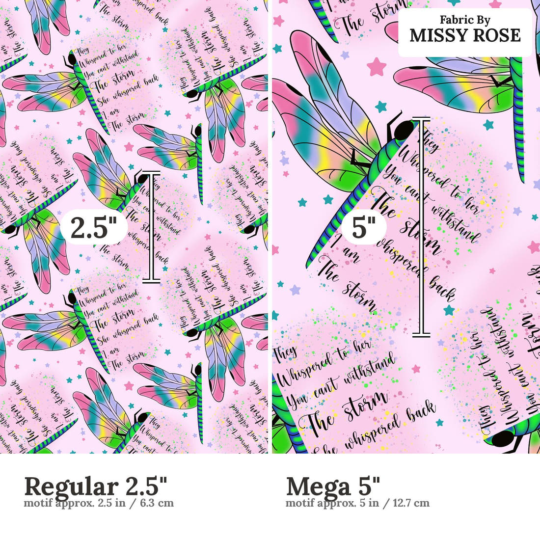 Design 657 Pink Dragonfly Fabric size comparison - print scale | Fabric by Missy Rose