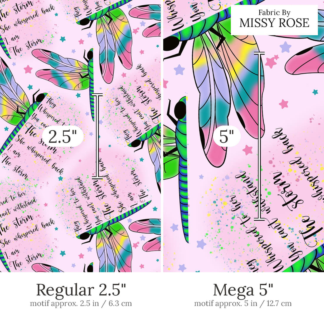 Design 657 Pink Dragonfly Fabric Regular 2.5 inch vs Mega 5 inch print scale side by side | Fabric by Missy Rose