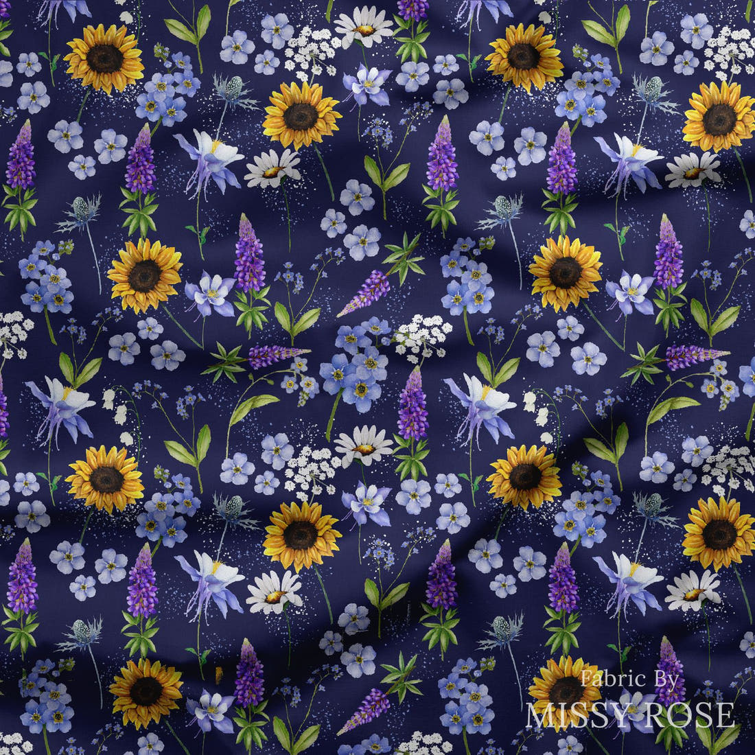 Design 658 Navy Wildflowers Fabric draped fabric mockup – custom printed fabric by the metre | Fabric by Missy Rose