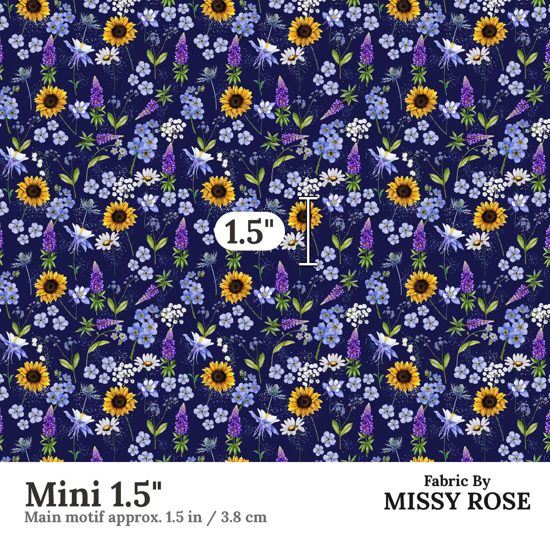 Design 658 Navy Wildflowers Fabric Mini 1.5" - print scale | Fabric by Missy Rose