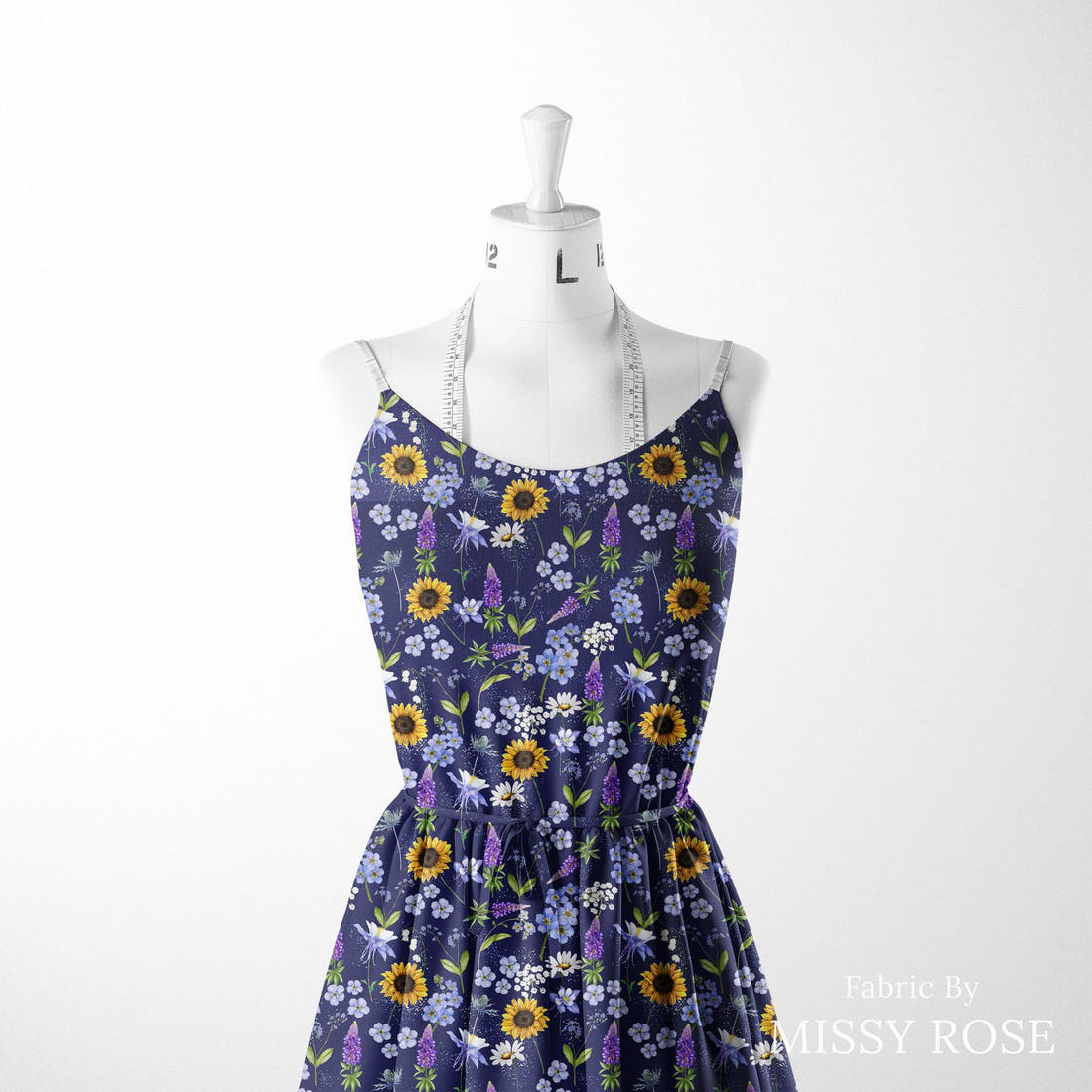 Design 658 Navy Wildflowers Fabric sewn into a women's dress – see how the print looks made up | Fabric by Missy Rose