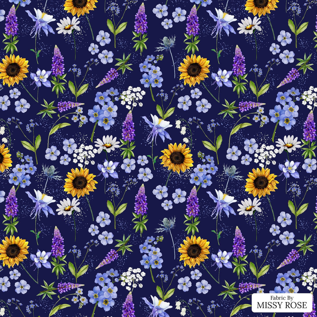 Design 658 Navy Wildflowers Fabric - flat view of the print, zoom in for detail | Fabric by Missy Rose