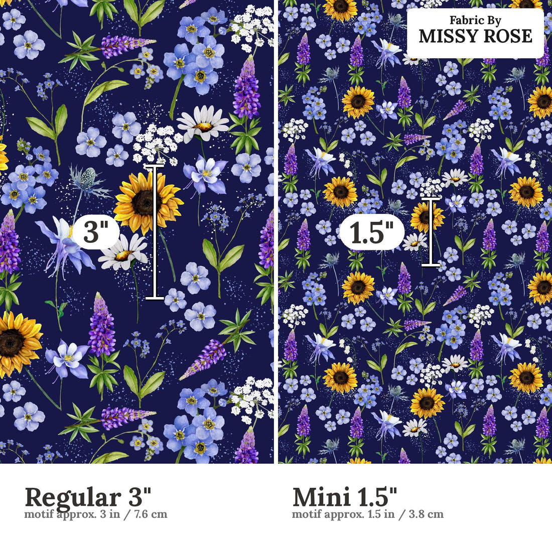 Design 658 Navy Wildflowers Fabric size comparison - print scale | Fabric by Missy Rose