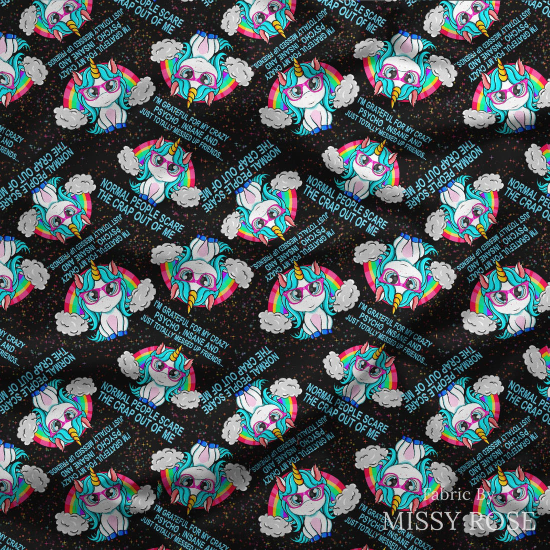 Design 659 Funny Unicorn Fabric draped fabric mockup – custom printed fabric by the metre | Fabric by Missy Rose