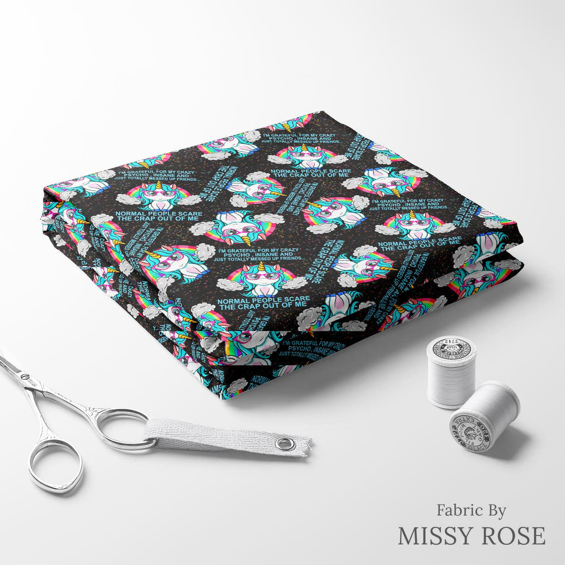 Design 659 Funny Unicorn Fabric folded fabric stack with matching thread – pre-order fabric Australia | Fabric by Missy Rose