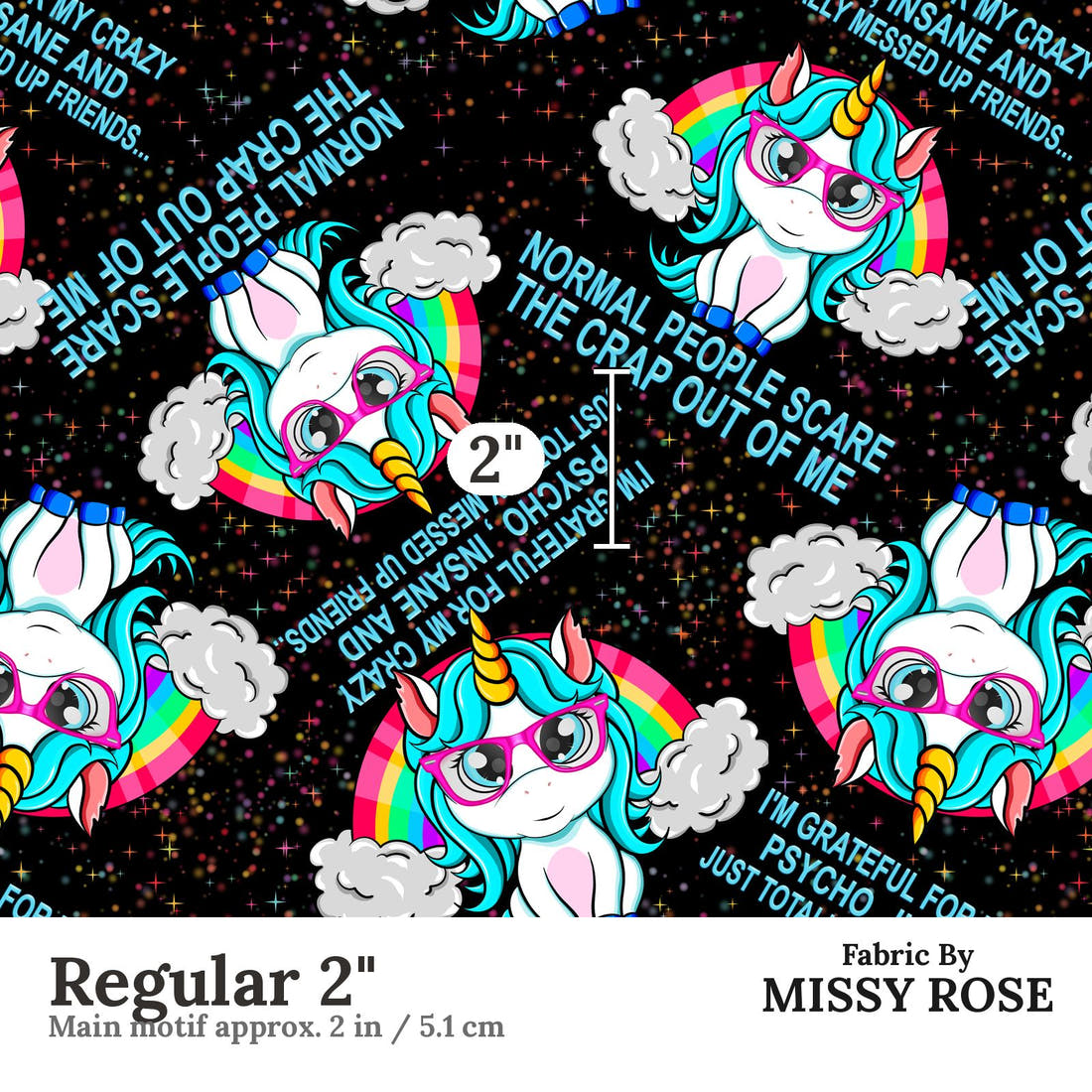 Design 659 Funny Unicorn Fabric Regular 2" - print scale | Fabric by Missy Rose