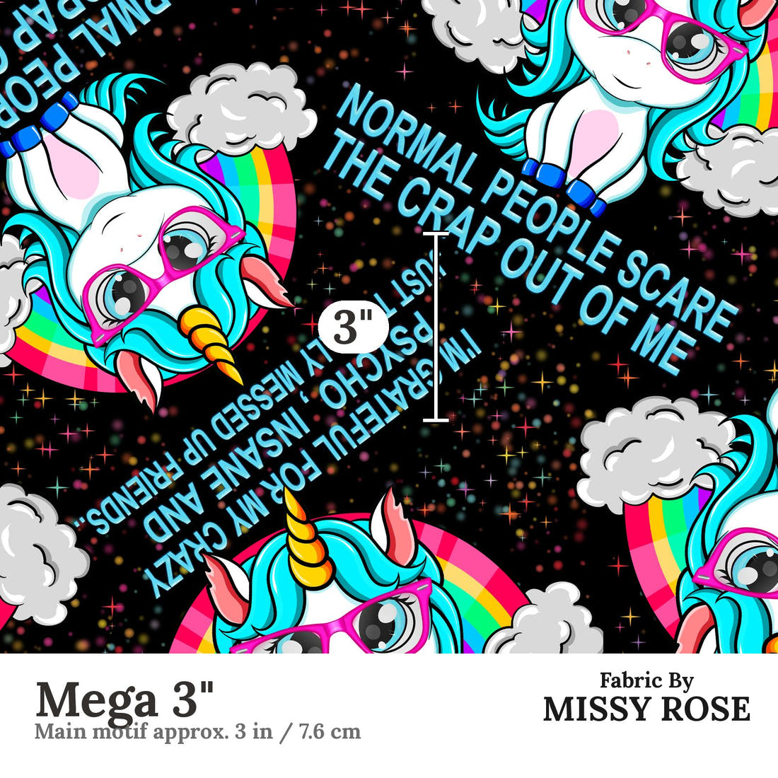 Design 659 Funny Unicorn Fabric Mega 3" - print scale | Fabric by Missy Rose