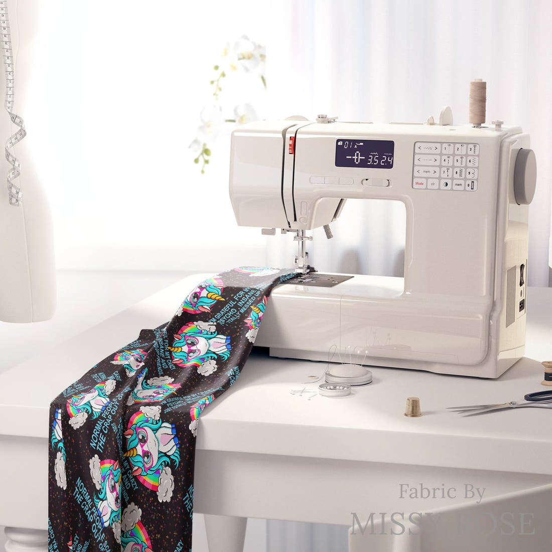 Design 659 Funny Unicorn Fabric on a sewing machine – premium fabric for sewing projects | Fabric by Missy Rose