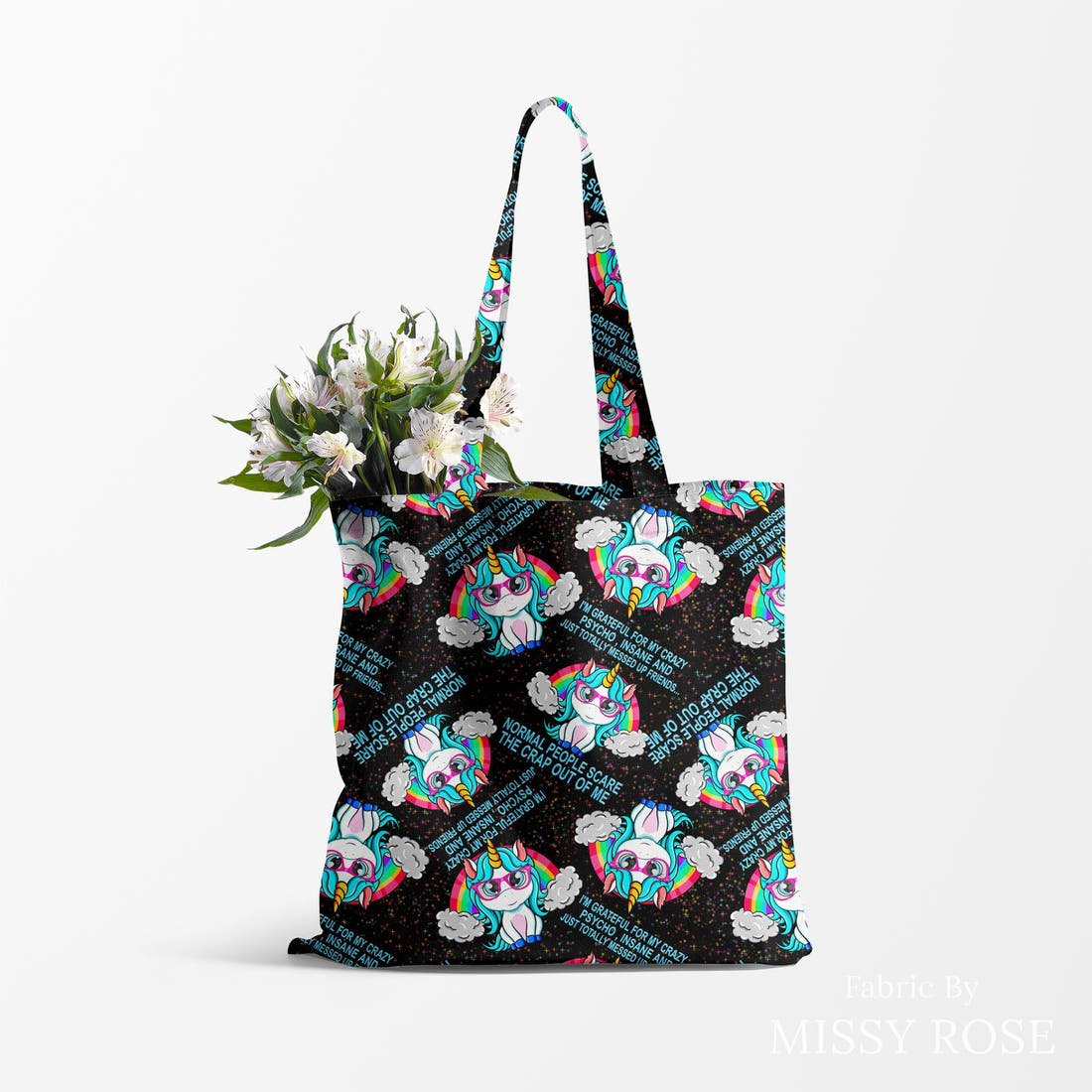 Design 659 Funny Unicorn Fabric made up as a tote bag – see how the print looks made up | Fabric by Missy Rose