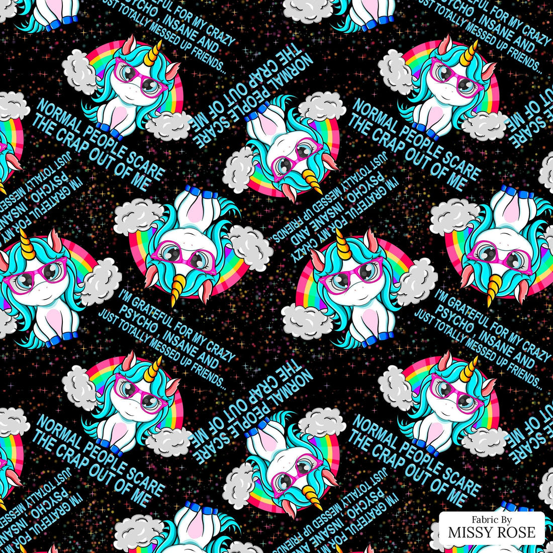 Design 659 Funny Unicorn Fabric - flat view of the print, zoom in for detail | Fabric by Missy Rose