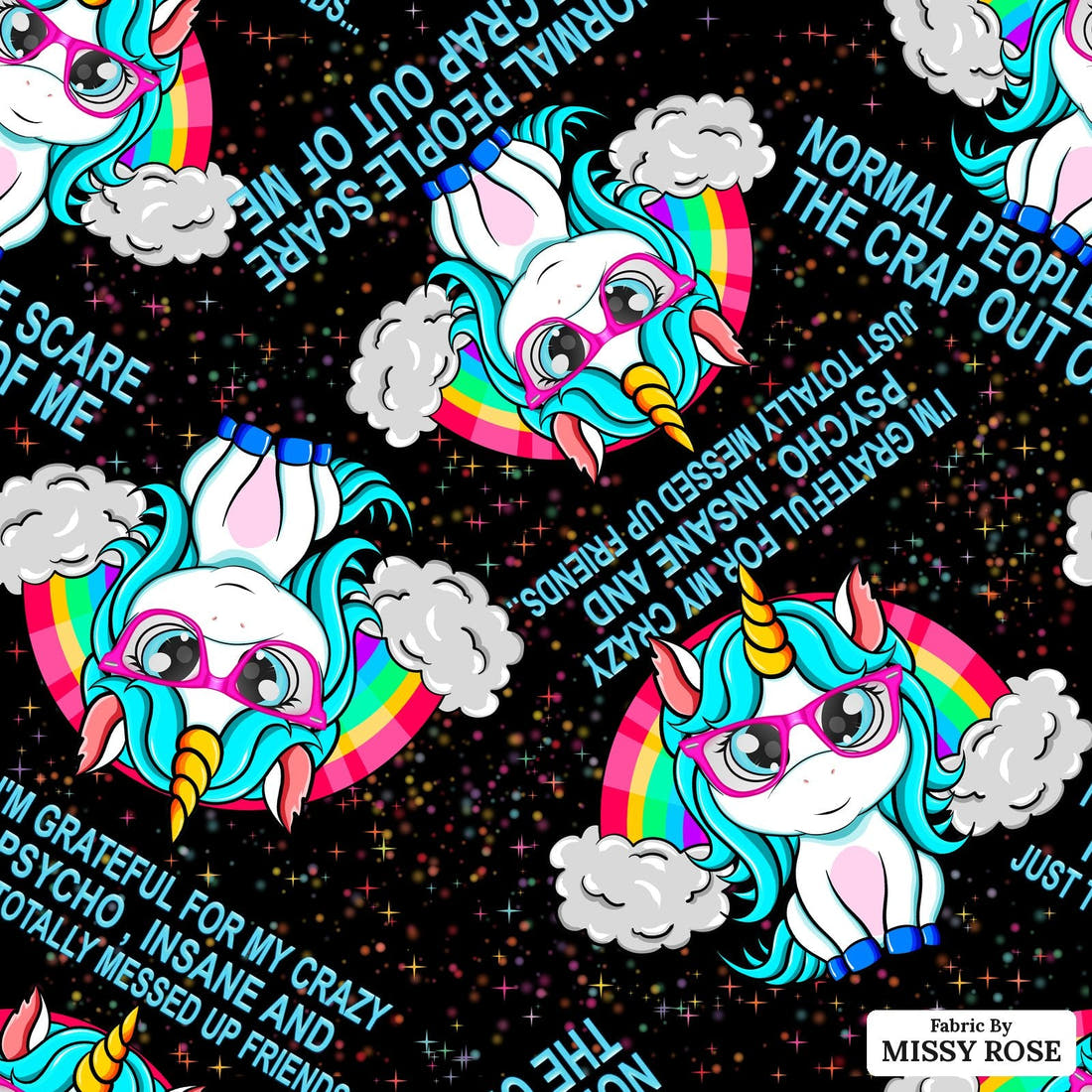 Design 659 Funny Unicorn Fabric - flat view of the print, zoom in for detail | Fabric by Missy Rose