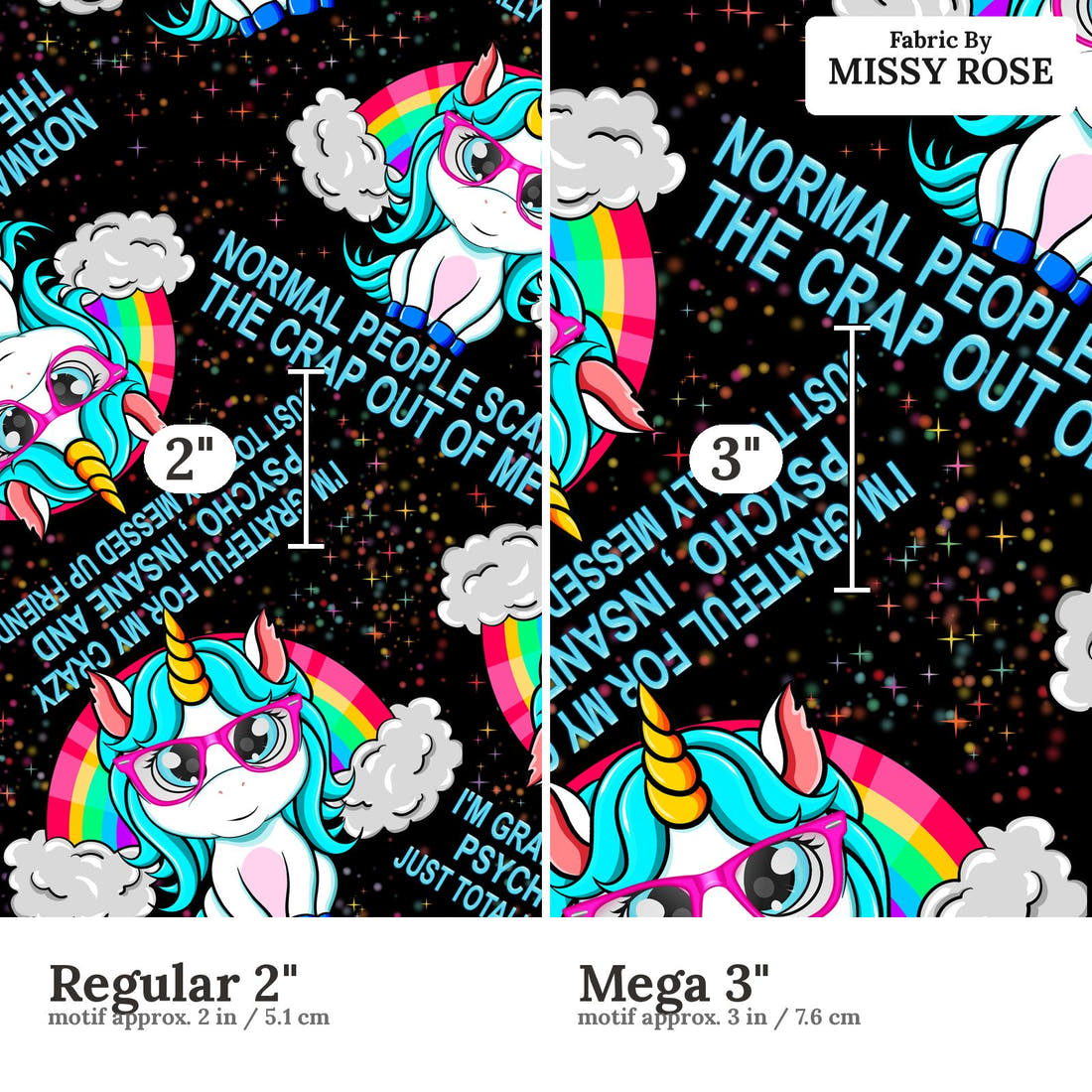 Design 659 Funny Unicorn Fabric size comparison - print scale | Fabric by Missy Rose