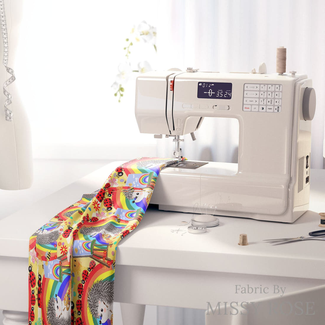Design 66 Artist Fabric on a sewing machine – premium fabric for sewing projects | Fabric by Missy Rose