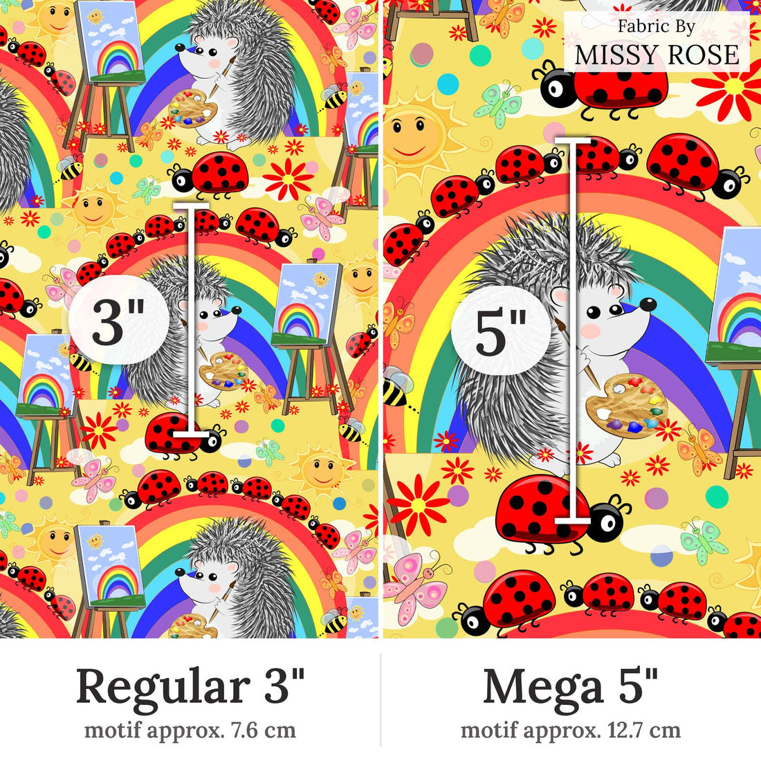 Design 66 Artist Fabric Regular 3 inch vs Mega 5 inch print scale side by side | Fabric by Missy Rose