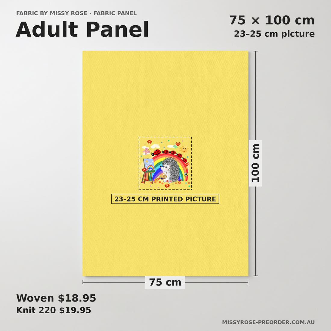 Design 66 Artist Panel adult panel sizing – 23–25 cm printed picture on 75 × 100 cm fabric | Fabric by Missy Rose