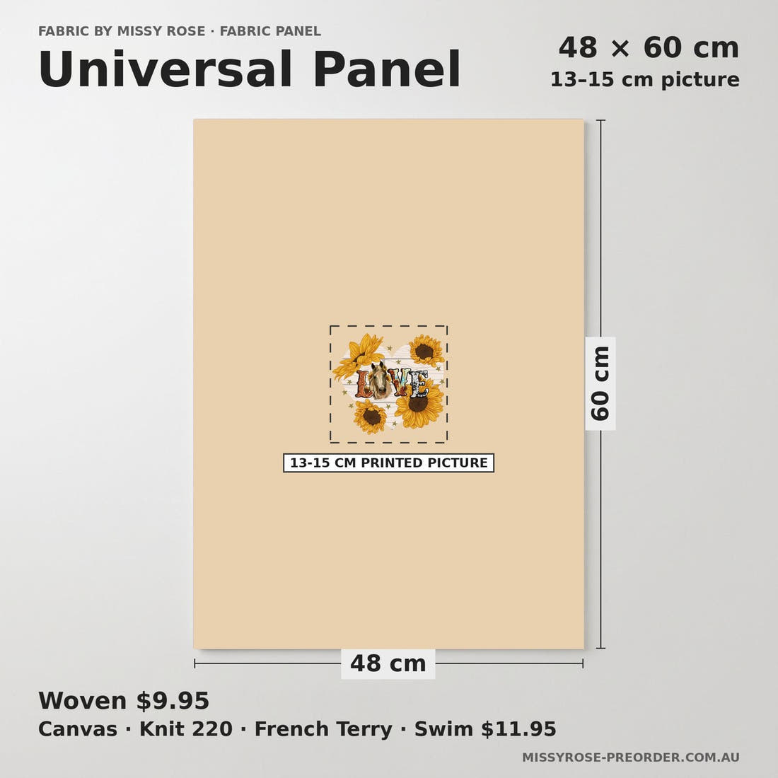 Design 660 Floral Love Panel universal panel sizing – 13–15 cm printed picture on 48 × 60 cm fabric | Fabric by Missy Rose