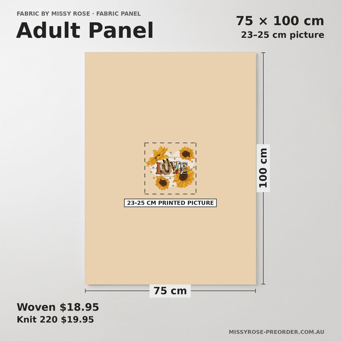 Design 660 Floral Love Panel adult panel sizing – 23–25 cm printed picture on 75 × 100 cm fabric | Fabric by Missy Rose