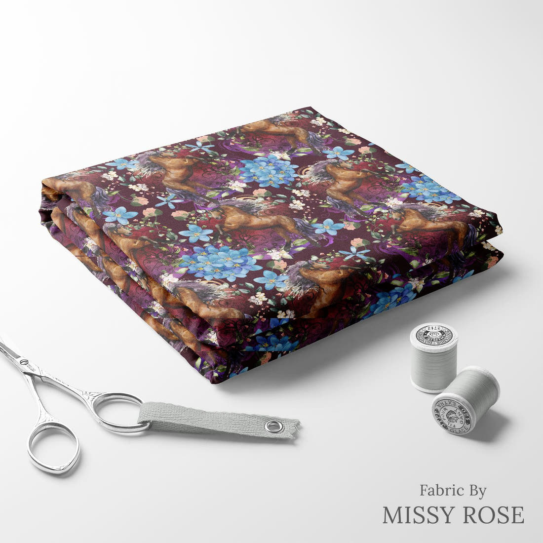 Design 661 Maroon Horse Fabric folded fabric stack with matching thread – pre-order fabric Australia | Fabric by Missy Rose