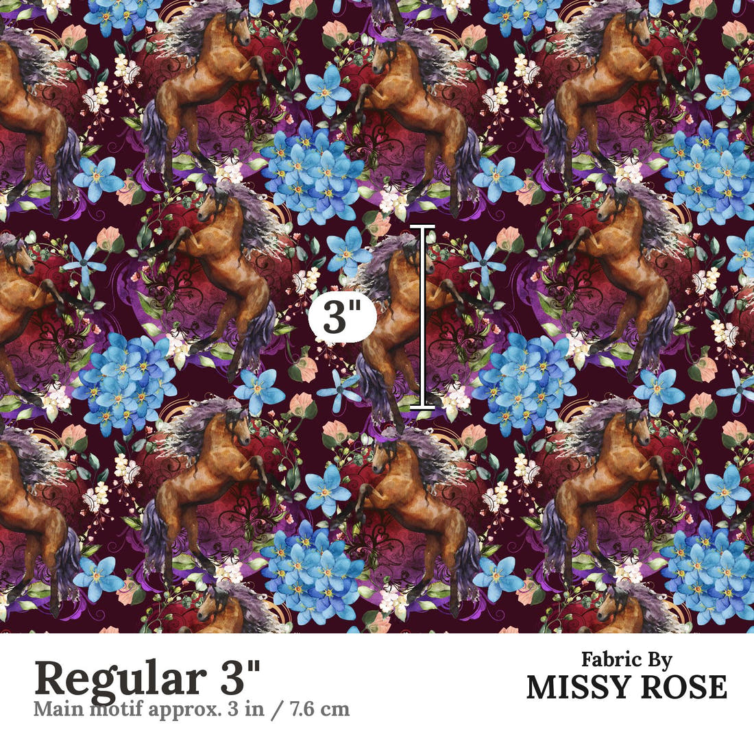 Design 661 Maroon Horse Fabric Regular 3" - print scale | Fabric by Missy Rose