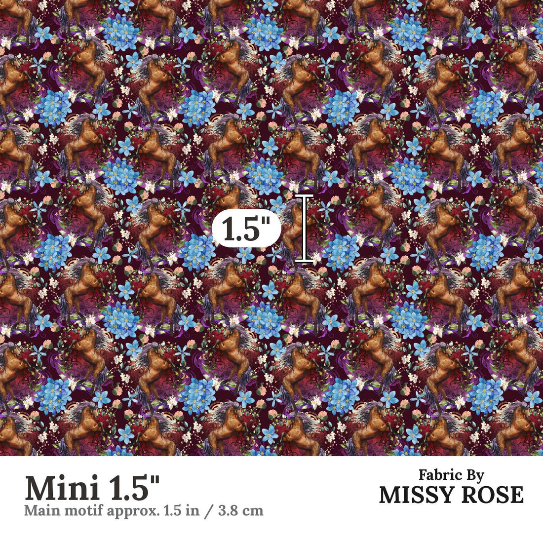 Design 661 Maroon Horse Fabric Mini 1.5" - print scale | Fabric by Missy Rose