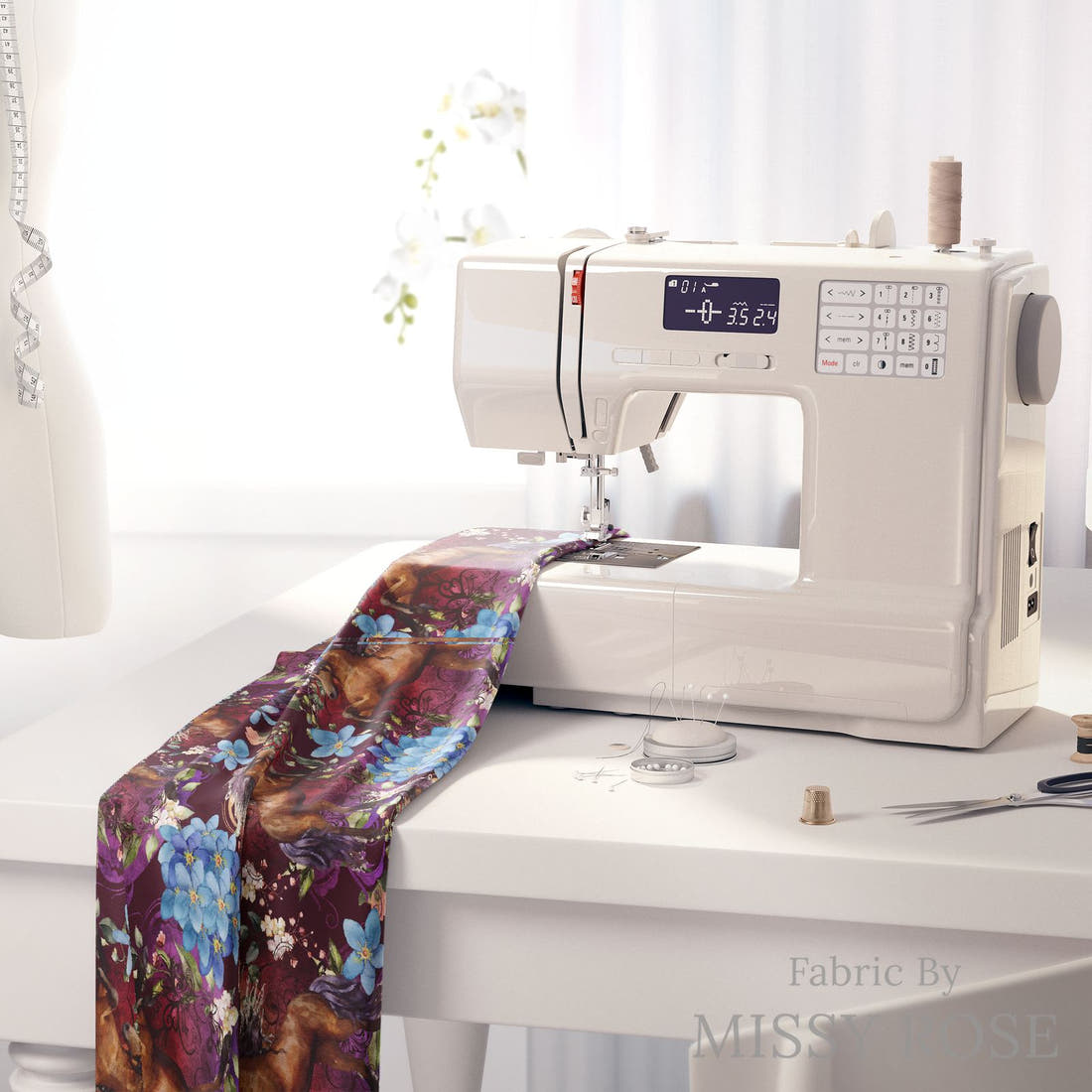 Design 661 Maroon Horse Fabric on a sewing machine – premium fabric for sewing projects | Fabric by Missy Rose