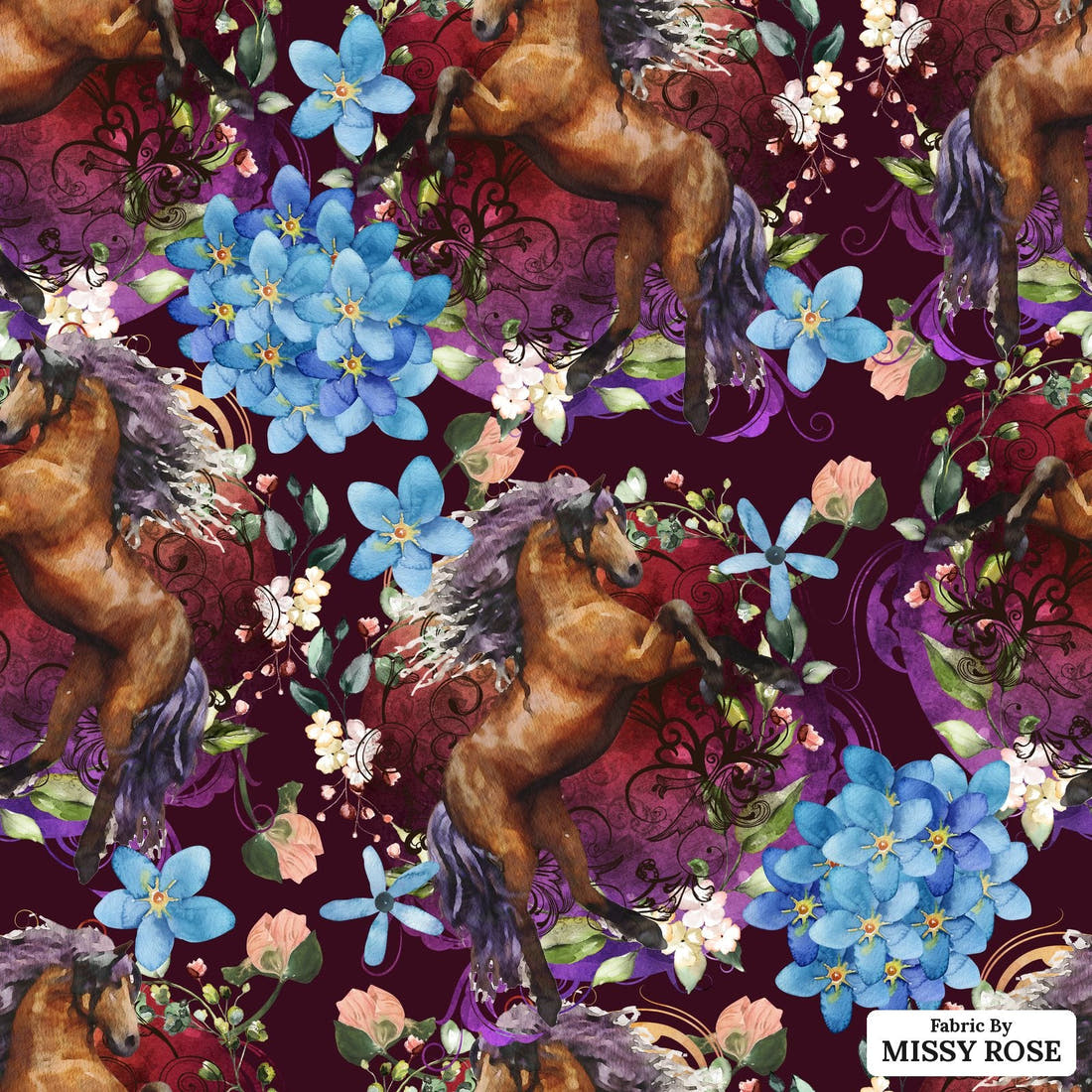 Design 661 Maroon Horse Fabric - flat view of the print, zoom in for detail | Fabric by Missy Rose